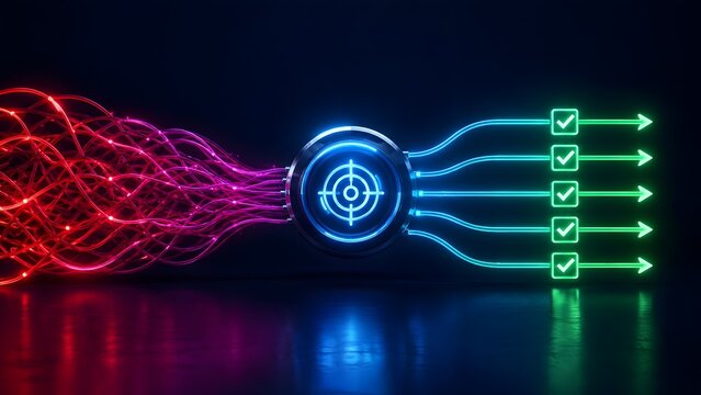 Data Cleansing and Optimization Concept Showing Chaotic Red Cables Transforming into Structured Green Output Lines