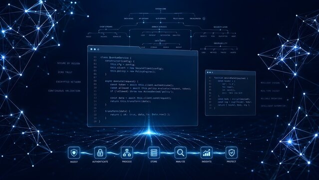 Zero Trust Architecture Concept Displaying Complex Secure System Design with Code Windows and Continuous Validation Nodes