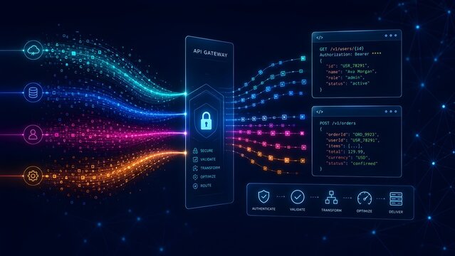API Gateway Concept Illustrating Secure Data Routing Transformation and Validation with JSON Code Snippets and Network Icons