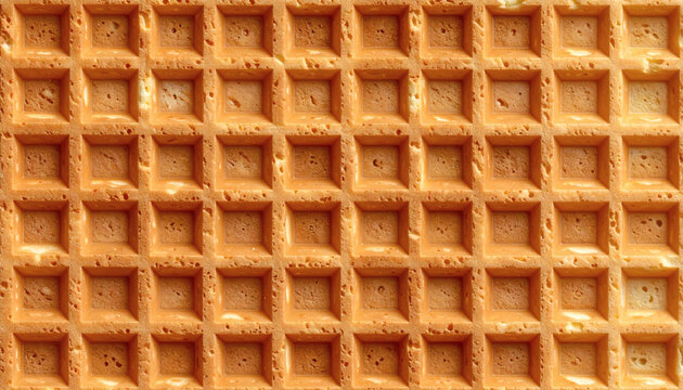 Waffle texture background showing a close up view of a golden brown baked grid pattern from a crispy breakfast food