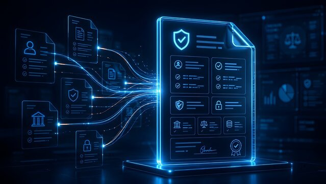 Multiple digital files and data streaming into a secure master document with lock and shield icons representing data aggregation and digital compliance.