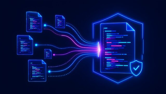 Secure digital file transfer concept with glowing documents streaming into a master file protected by a cyber shield and checkmark symbol on a dark background.