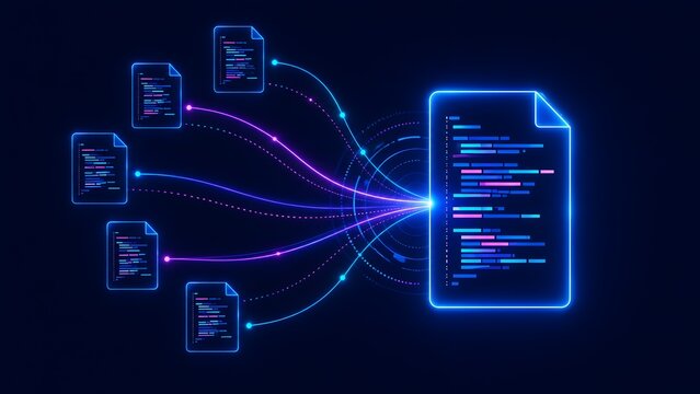 Centralized data processing and document integration concept with multiple digital files streaming light trails into one central master document hub.