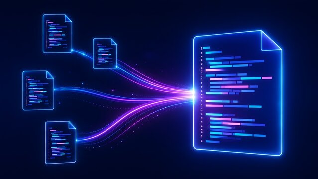 Multiple digital glowing document files streaming data lines into a master file on a dark background, representing data aggregation and digital file migration.