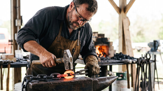 Blacksmith forging chain links with hammer and tongs in workshop. Traditional metalworking process in action