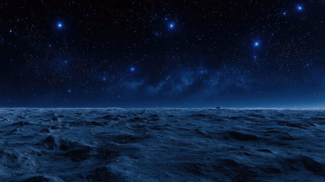 A desolate, rocky surface under a vast, starry night sky with nebulae