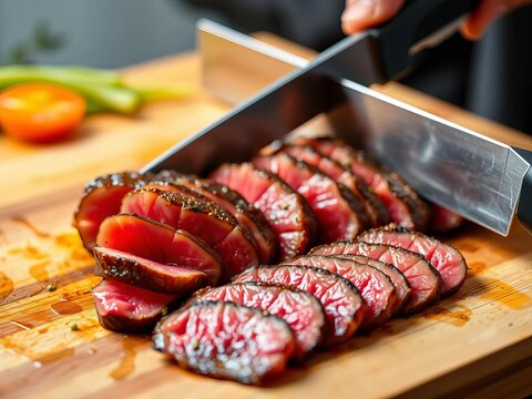 Savory strips of beef being cut into thin slices, protein, knife
