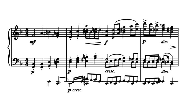 Musical Notation Sheet with Piano Score and Dynamic Markings Including Mf, P, F, Cresc., and Dim. Featuring Music, Notes, Clef