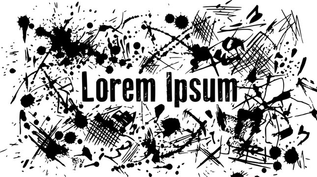 Lorem Ipsum Splatter Ink Design with Chaotic Abstract Shapes and Text Elements for Graphic Layouts Featuring Typography, Vector