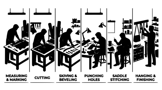 Leatherworking Process Steps Illustrated with Measuring, Cutting, Skiving, Punching, Stitching, and Finishing Tools and Actions