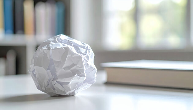 Crumpled paper ball sitting on a clean white office desk with a blurry book background in a bright room