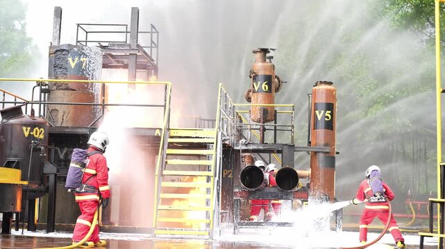 Firefighter fire training at industrial facility, emergency response drill at refinery chemical plant, water spray and hose stream with foam, flames and smoke, safety gear teamwork