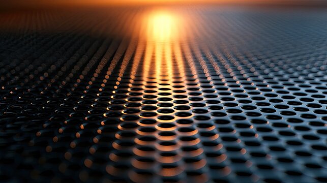 Abstract, metallic, perforated surface with warm, blurred orange light reflection