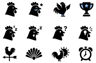 Fototapeta premium A collection of twelve vector icons featuring roosters in various poses and expressions alongside farm related symbols and alarm clocks