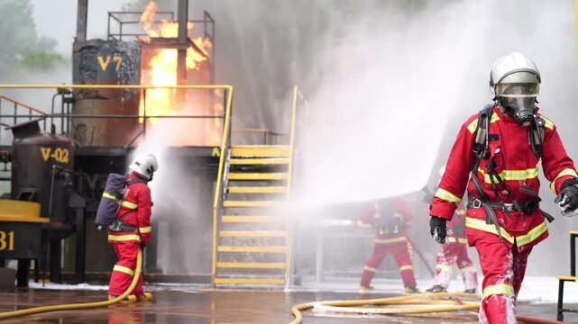 Firefighter fire hose water spray amid smoke and flame at refinery emergency training drill, crew in protective suit and helmet performs industrial fire suppression with foam, steam, mist outdoors
