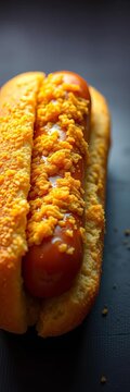 Golden crispy cornmeal coating on a plump hot dog, hotdog, appetizing