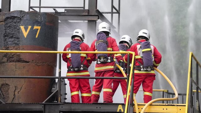 Firefighter team in protective gear on industrial factory platform, fire smoke emergency rescue safety response with hose water spray during training drill, hazardous incident control