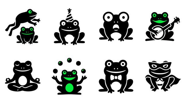 Set of cute frog silhouettes in various funny poses including juggling playing music wearing a party hat and superhero cape