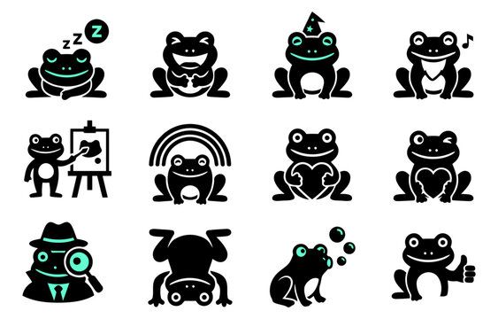 Set of cute frog character icons in black and teal showing various activities and emotions for creative design projects