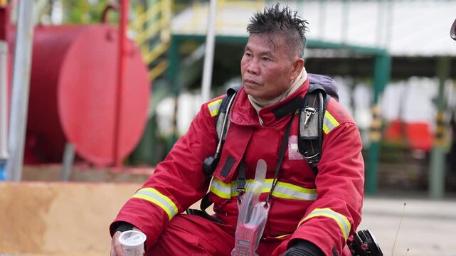 Firefighter rescue emergency worker sitting outdoors at industrial site, red protective uniform with reflective harness, radio gear, safety focused industry responder resting after shift