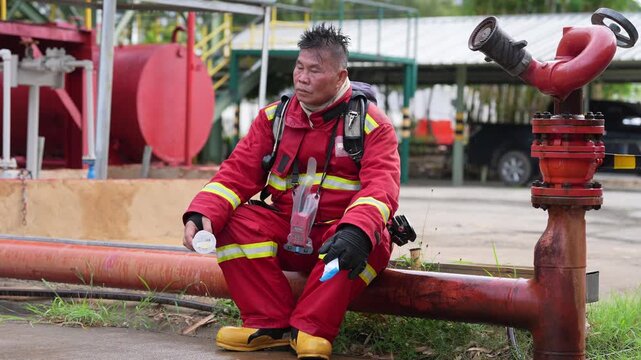 Firefighter emergency responder in protective suit at industrial site with fire hose and hydrant, safety worker at rest on pipeline holding water bottle after drill, calm fatigue recovery