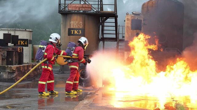 Firefighter fire hose foam flame smoke training rescue drill at industrial facility, protective suit and helmet, emergency response crew controlling fuel tank blaze on wet ground