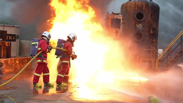 Firefighter fire hose water spray controlling refinery industrial blaze, thick smoke and flame, emergency safety rescue response crew in protective suit, wet ground training drill at plant