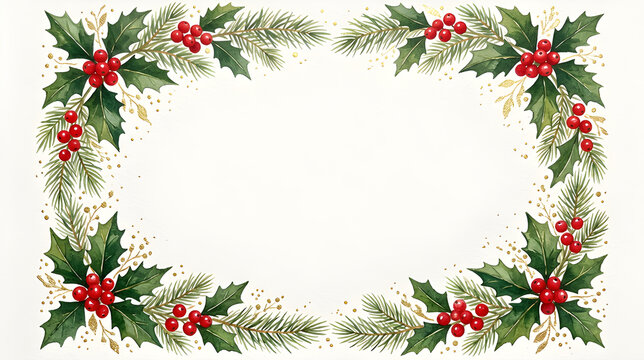 Elegant hand-painted border featuring holly leaves, bright red berries, delicate evergreen sprigs and tiny golden accents, arranged naturally around the perimeter, clean open white center.