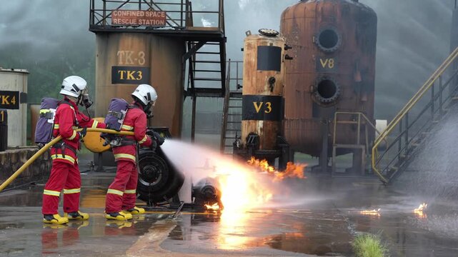 Firefighter crew in protective gear controls fire flame at industrial site training drill, firefighting hose water spray and foam suppress fuel blaze, emergency safety response with smoke and heat