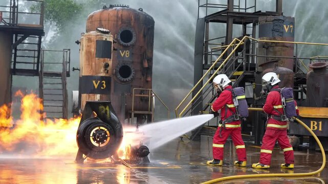 Firefighter industrial fire suppression training with water spray, safety gear and hose at refinery emergency response drill, crew controls fire and flame, foam on wet platform, heavy smoke, rescue