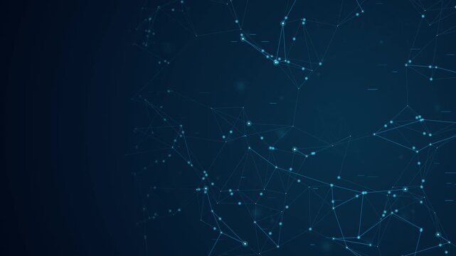 Seamless abstract digital technology background concept showing connected glowing network nodes lines on dark blue backdrop.