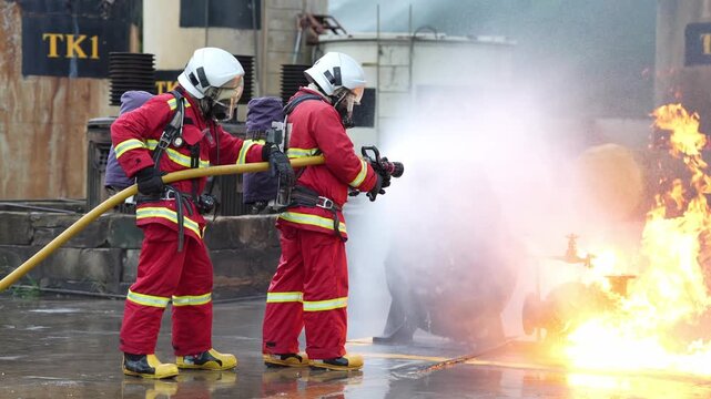 Firefighter emergency response team drills at industry refinery yard, using fire hose and foam with water spray to control flame and smoke, protective suit helmet respirator, focused rescue action
