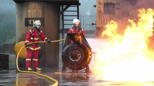 Firefighter industrial fire drill with fire hose and water spray, fire training protective suit with breathing apparatus, emergency response crew controls fuel fire by storage tank, smoke and flames