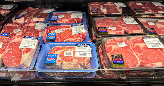 Refrigerated ribeye steak section of a supermarket. Ribeye steak can be used for steak sandwiches or pan-seared ribeye steak.
