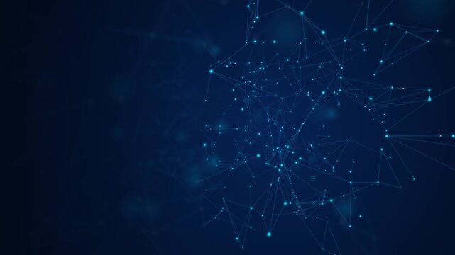 Abstract connection digital technology background concept showing connected glowing network nodes lines on dark blue backdrop.