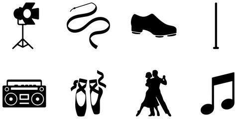 Performance Icons: Spotlight, Ribbon, Tap Shoe, Pole, Boombox, Ballet Slippers, Dancers, Music Note © Md