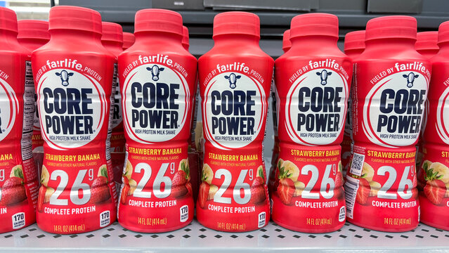 fairlife Core Power protein milkshake display at a store. fairlife is a subsidiary of the Coca-Cola Company.