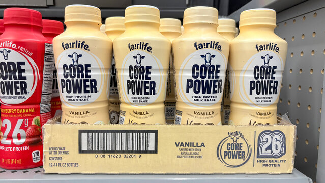 fairlife Core Power protein milkshake display at a store. fairlife is a subsidiary of the Coca-Cola Company.