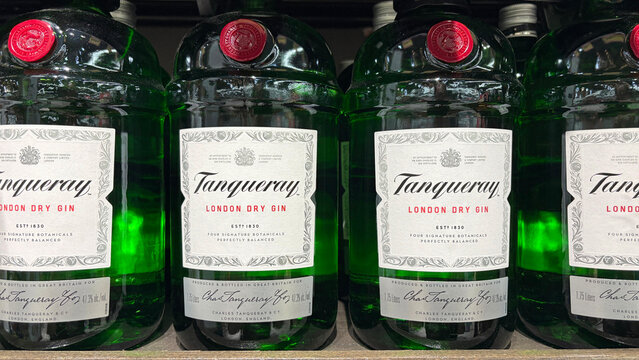 Tanqueray gin display. Tanqueray is a world-renowned London Dry gin founded in 1830 by Charles Tanqueray.