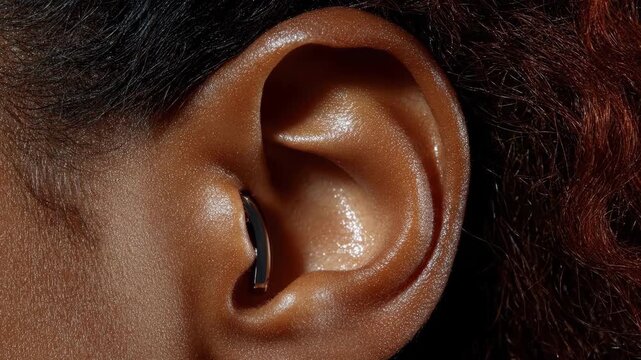 Close-up of an african adult woman's ear with curly hair