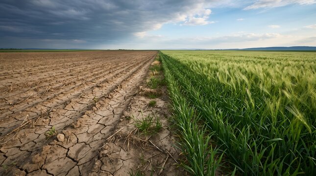 Climate change agricultural impact concept showing cracked dry earth contrasted with lush green crop field representing drought and fertile land