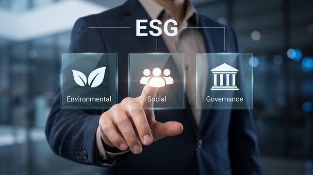 Corporate executive touching virtual ESG interface selecting environmental social and governance pillars for business strategy