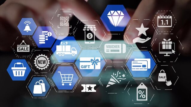 Digital gift card icons show e-commerce, payment, and digital gift card redemption. Digital gift card supports online shopping, secure payment, and customer loyalty programs. Funnel