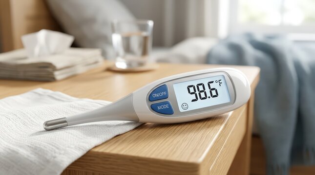 Digital medical thermometer showing 98.6 degrees, electronic fever thermometer on wooden bedside table, healthcare equipment in bedroom