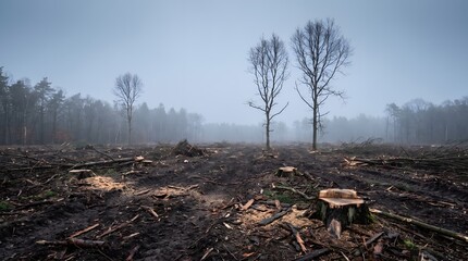 Fototapeta premium Deforestation impact in clear-cut forest featuring scattered tree stumps and logged timber in moody foggy landscape