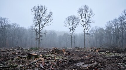 Fototapeta premium Commercial logging consequences revealing felled trees and muddy ground symbolizing ecological disaster and forest depletion