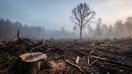 Fototapeta premium Forest exploitation and land clearing showing fresh tree stumps representing habitat loss and environmental degradation