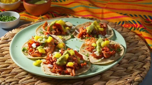 Plate of five tacos al pastor with red marinated pork, corn tortillas, cilantro, onion and fresh pineapple chunks. Direct flash