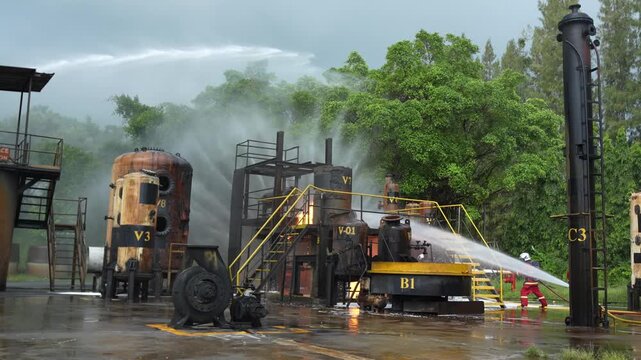 Firefighter training at industrial plant fuel tank facility, water hose high pressure spray through smoke, emergency response drill cooling burning equipment, wet concrete refinery yard scene