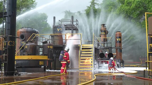 Firefighter fire training at industrial plant, water spray hose operation during emergency drill, foam and mist control blaze near steel vessel, protective gear crews spray stream on tank area